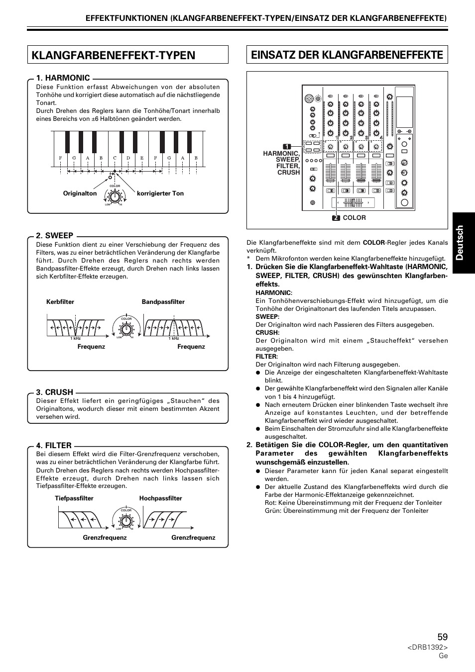 Klangfarbeneffekt-typen, Einsatz der klangfarbeneffekte, Deutsch | Crush, Filter, Sweep | Pioneer DJM-800 User Manual | Page 59 / 128