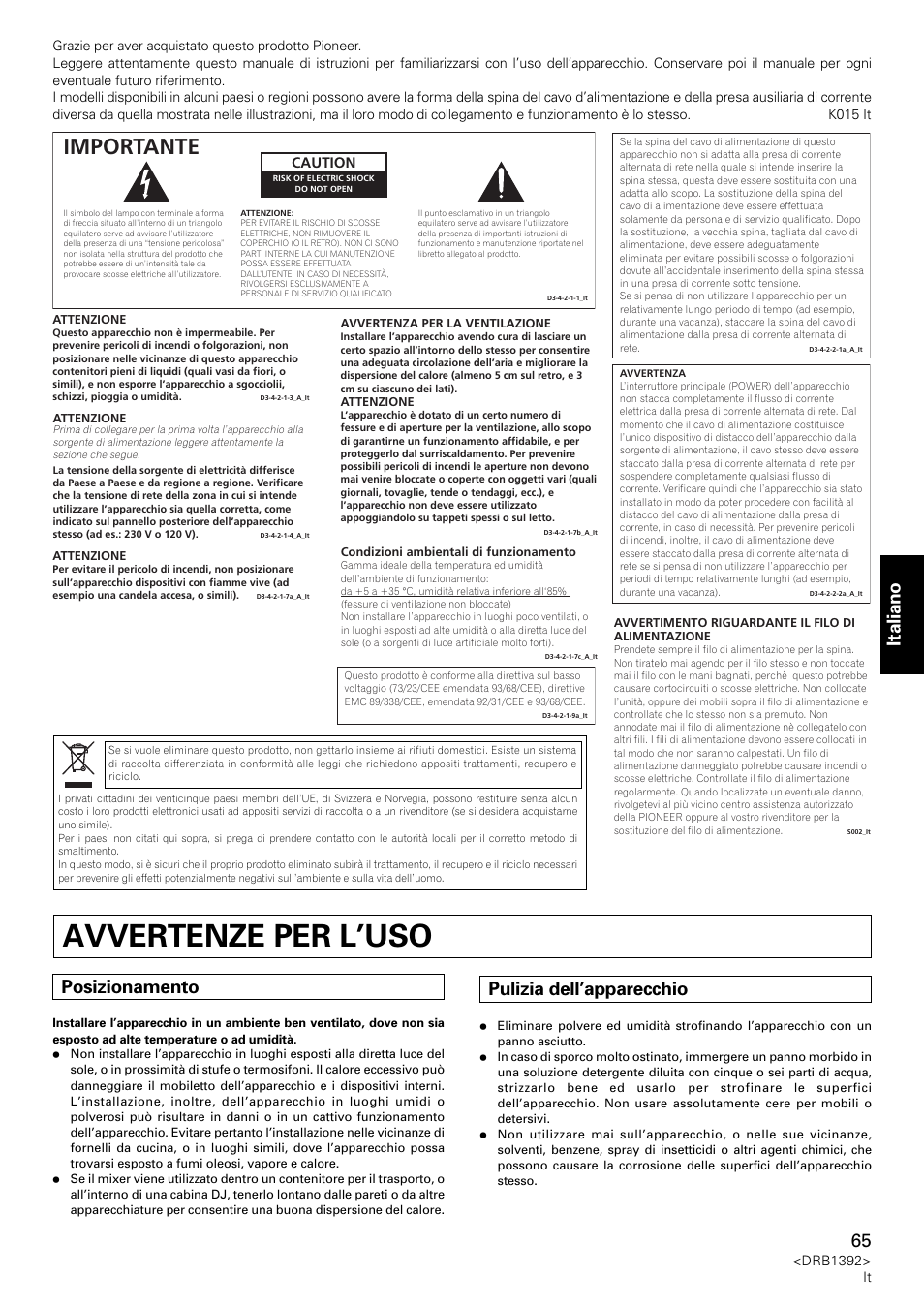 Avvertenze per l’uso, Importante, Italiano | Posizionamento, Pulizia dell’apparecchio, Caution | Pioneer DJM-800 User Manual | Page 65 / 128