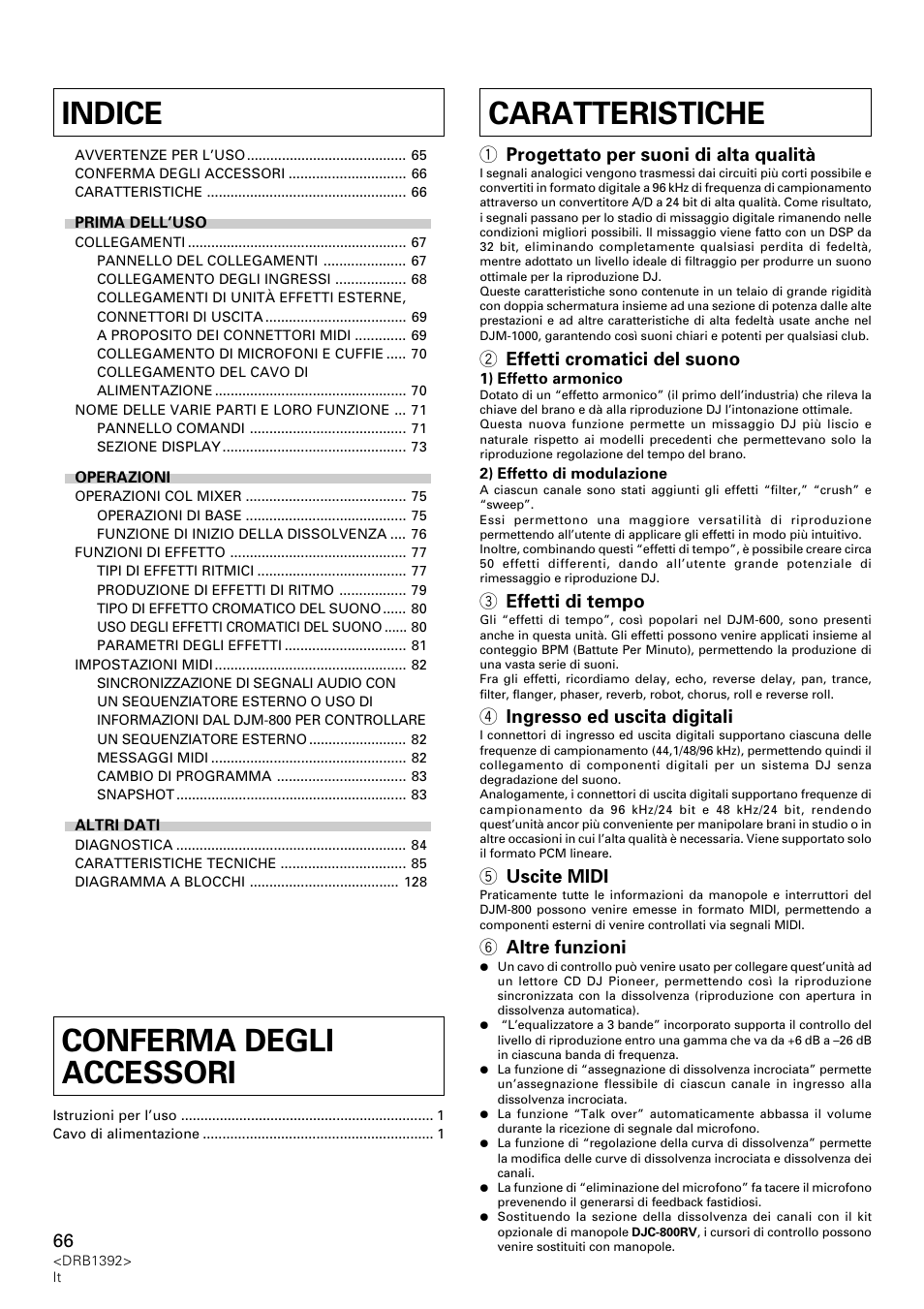 Istruzioni per l’uso, Caratteristiche indice conferma degli accessori, 1 progettato per suoni di alta qualità | 2 effetti cromatici del suono, 3 effetti di tempo, 4 ingresso ed uscita digitali, 5 uscite midi, 6 altre funzioni | Pioneer DJM-800 User Manual | Page 66 / 128