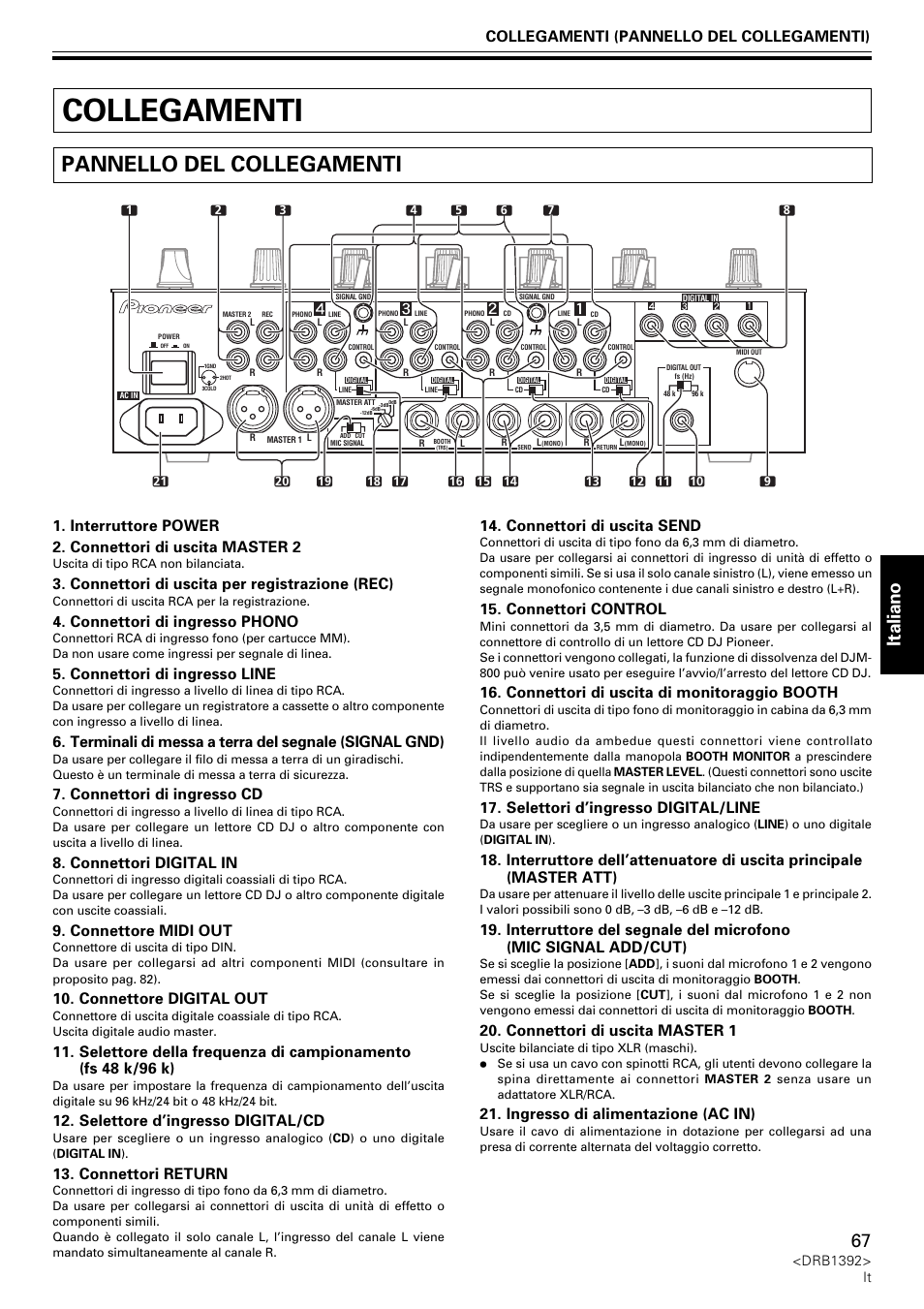 Collegamenti, Pannello del collegamenti, Italiano | Connettori di uscita per registrazione (rec), Connettori di ingresso phono, Connettori di ingresso line, Connettori di ingresso cd, Connettori digital in, Connettore midi out, Connettore digital out | Pioneer DJM-800 User Manual | Page 67 / 128