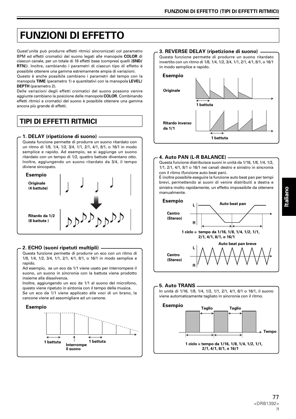 Funzioni di effetto, Tipi di effetti ritmici, Italiano | Pioneer DJM-800 User Manual | Page 77 / 128