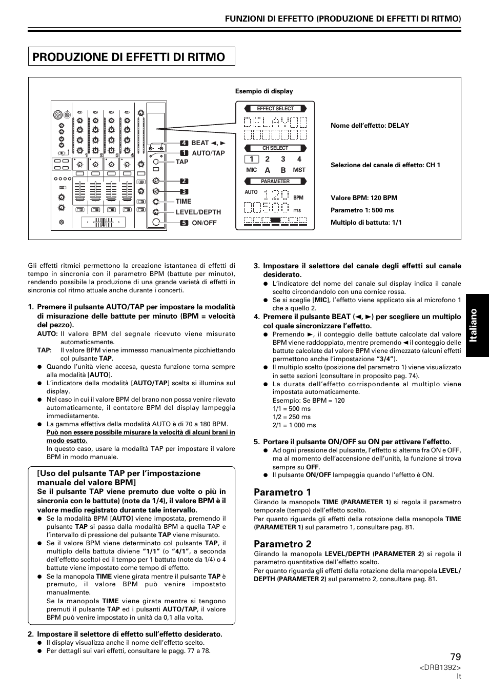 Produzione di effetti di ritmo, Italiano, Parametro 1 | Parametro 2 | Pioneer DJM-800 User Manual | Page 79 / 128