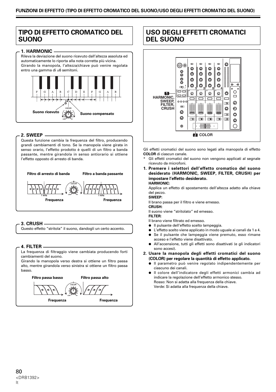 Tipo di effetto cromatico del suono, Uso degli effetti cromatici del suono, Crush | Filter, Sweep | Pioneer DJM-800 User Manual | Page 80 / 128