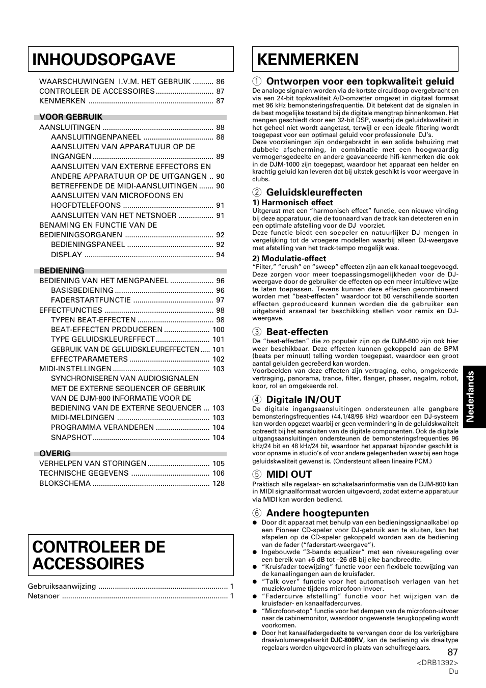 Gebruiksaanwijzing, Kenmerken inhoudsopgave controleer de accessoires, Nederlands | 1 ontworpen voor een topkwaliteit geluid, 2 geluidskleureffecten, 3 beat-effecten, 4 digitale in/out, 5 midi out, 6 andere hoogtepunten | Pioneer DJM-800 User Manual | Page 87 / 128