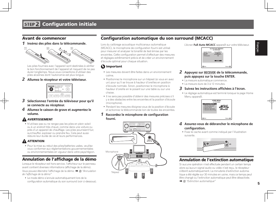 Configuration initiale, Avant de commencer, Annulation de l’affichage de la démo | Configuration automatique du son surround (mcacc), Control on / off, Annulation de l’extinction automatique | Pioneer VSX-922-S User Manual | Page 11 / 44