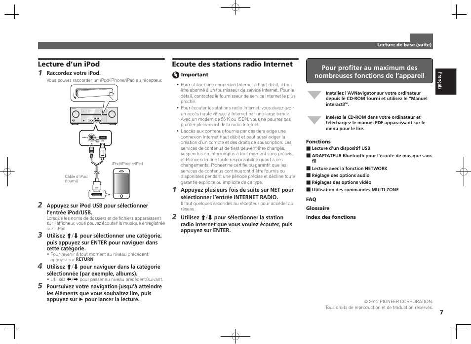 Lecture d’un ipod, Control on / off, Ecoute des stations radio internet | Pioneer VSX-922-S User Manual | Page 13 / 44