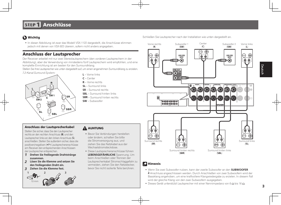Anschlüsse, Anschluss der lautsprecher | Pioneer VSX-922-S User Manual | Page 15 / 44