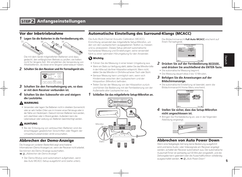 Anfangseinstellungen, Vor der inbetriebnahme, Abbrechen der demo-anzeige | Control on / off, Abbrechen von auto power down | Pioneer VSX-922-S User Manual | Page 17 / 44