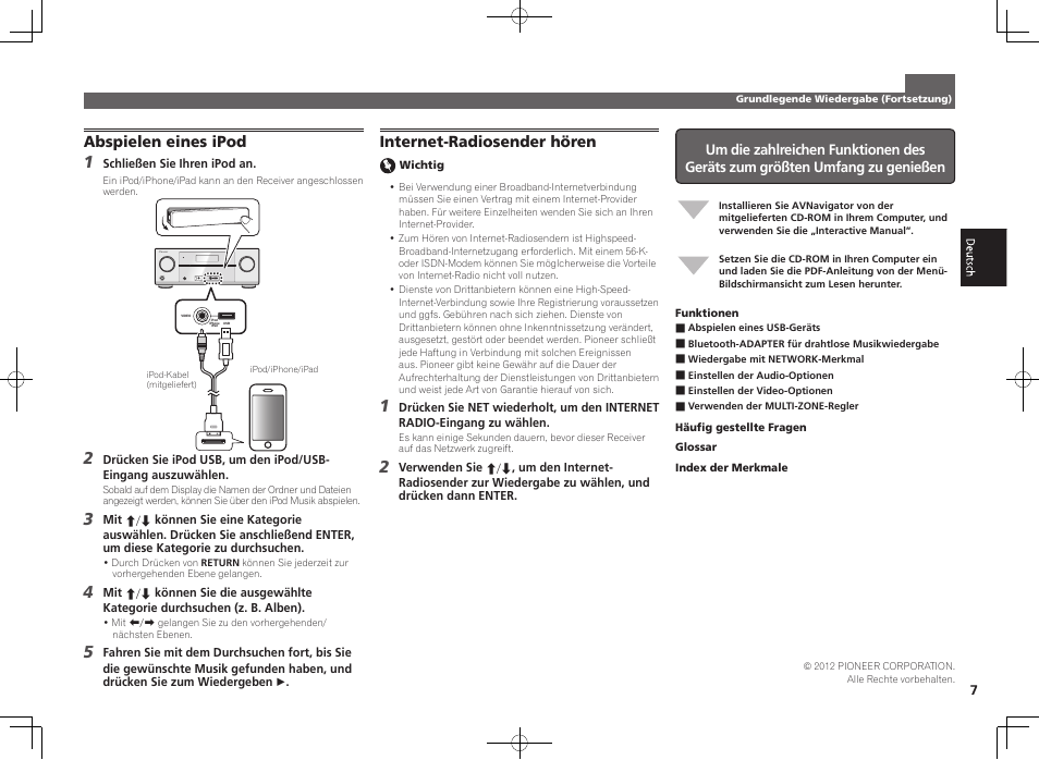 Abspielen eines ipod, Control on / off, Internet-radiosender hören | Pioneer VSX-922-S User Manual | Page 19 / 44
