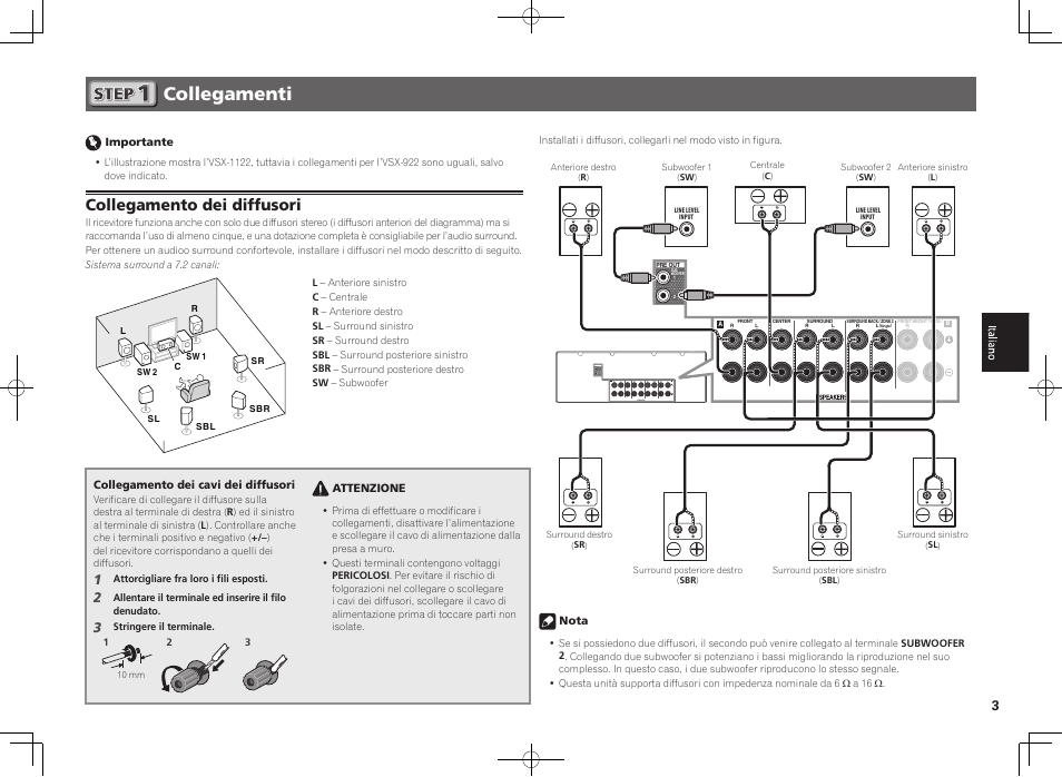 Collegamenti, Collegamento dei diffusori | Pioneer VSX-922-S User Manual | Page 21 / 44