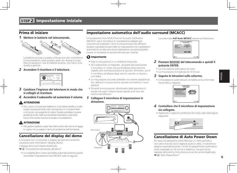 Impostazione iniziale, Prima di iniziare, Cancellazione del display del demo | Control on / off, Cancellazione di auto power down | Pioneer VSX-922-S User Manual | Page 23 / 44