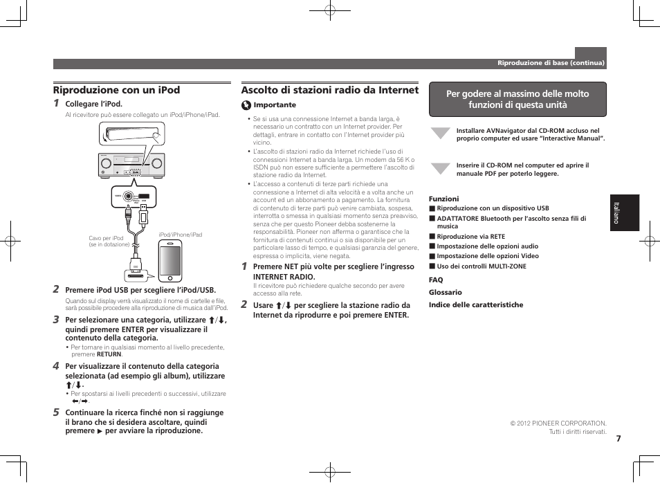 Riproduzione con un ipod, Control on / off, Ascolto di stazioni radio da internet | Pioneer VSX-922-S User Manual | Page 25 / 44