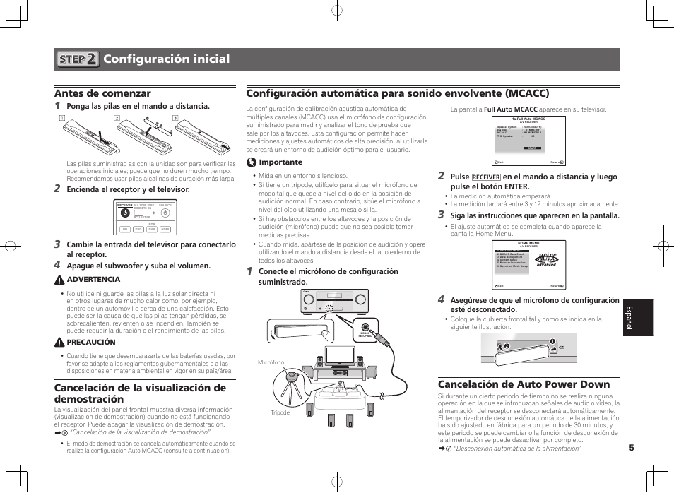 Configuración inicial, Antes de comenzar, Cancelación de la visualización de demostración | Control on / off, Cancelación de auto power down | Pioneer VSX-922-S User Manual | Page 35 / 44