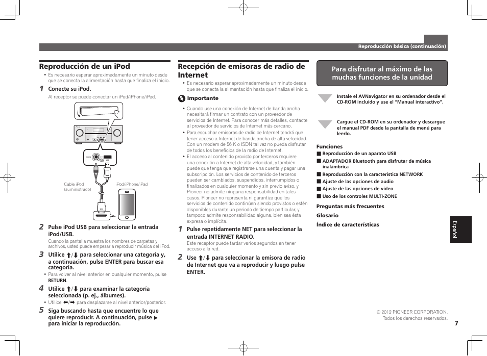 Reproducción de un ipod, Control on / off, Recepción de emisoras de radio de internet | Pioneer VSX-922-S User Manual | Page 37 / 44