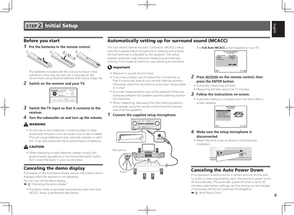 Initial setup, Before you start, Canceling the demo display | Control on / off, Canceling the auto power down | Pioneer VSX-922-S User Manual | Page 5 / 44