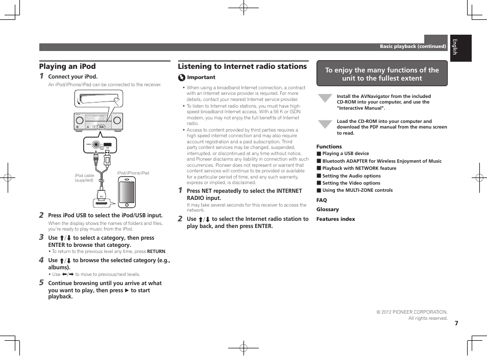 Playing an ipod, Control on / off, Listening to internet radio stations | Pioneer VSX-922-S User Manual | Page 7 / 44