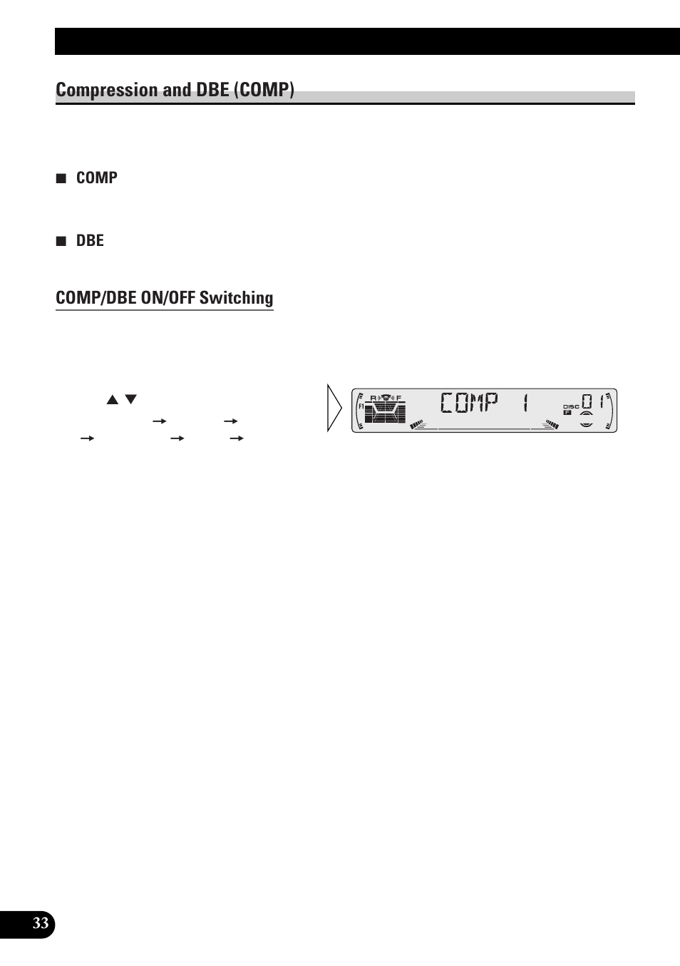 Compression and dbe (comp), Comp/dbe on/off switching, Cd text function (for cd text | Compatible type), Title display switching, Title scroll, Using multi-cd players | Pioneer DEH-P4300R User Manual | Page 34 / 108