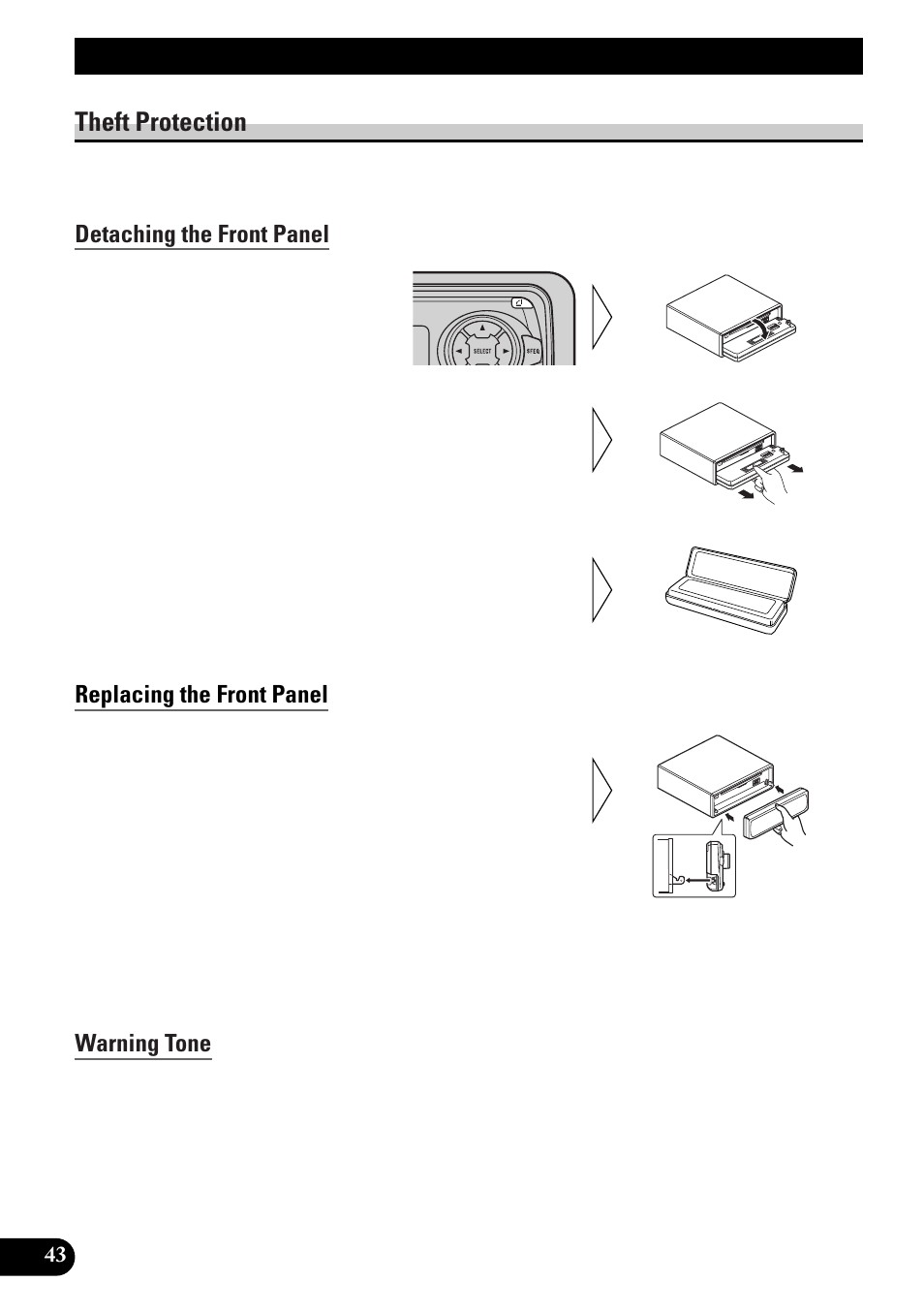 Detaching and replacing the, Front panel, Theft protection | Detaching the front panel, Replacing the front panel, Warning tone, Initial setting, Changing the fm tuning step (fm step), Switching the auto pi seek (a-pi), Setting the warning tone (warn) | Pioneer DEH-P4300R User Manual | Page 44 / 108
