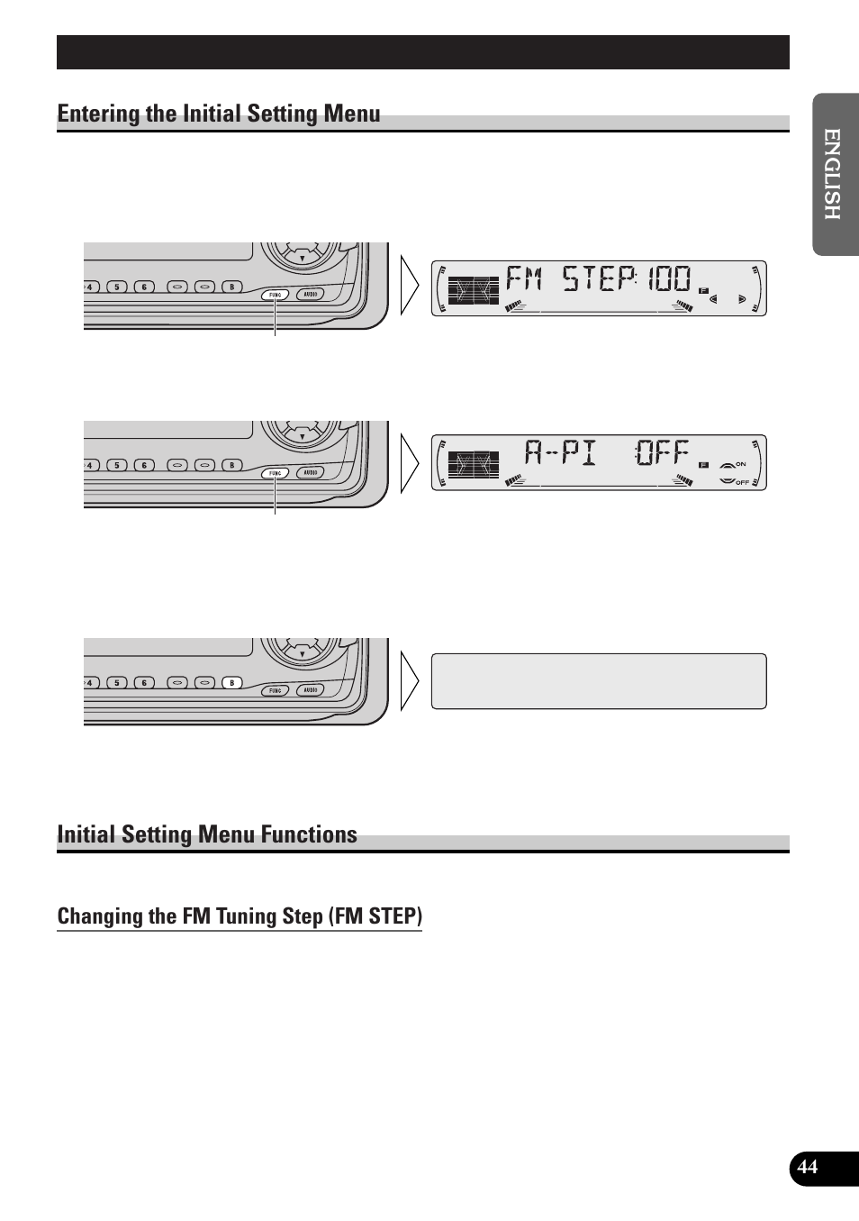 A title (english), Initial setting, Entering the initial setting menu | Initial setting menu functions | Pioneer DEH-P4300R User Manual | Page 45 / 108