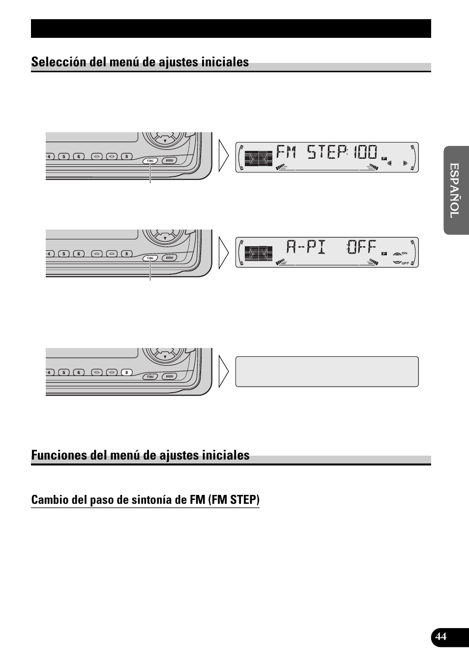 A title (english), Ajustes iniciales, Selección del menú de ajustes iniciales | Funciones del menú de ajustes iniciales | Pioneer DEH-P4300R User Manual | Page 97 / 108
