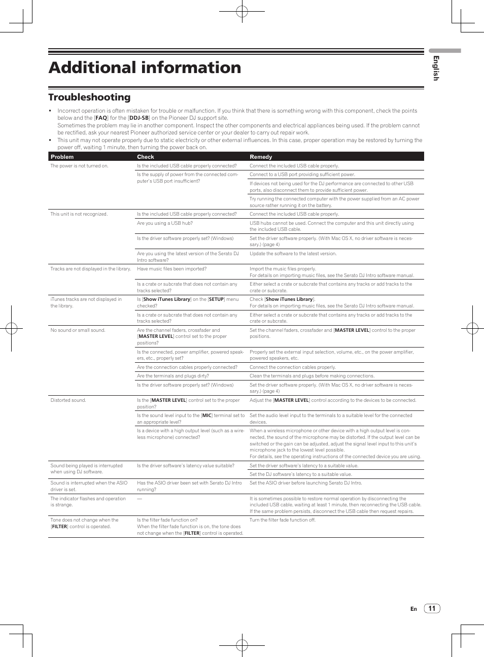 Additional information, Troubleshooting, 11 english | Pioneer DDJ-SB User Manual | Page 11 / 68
