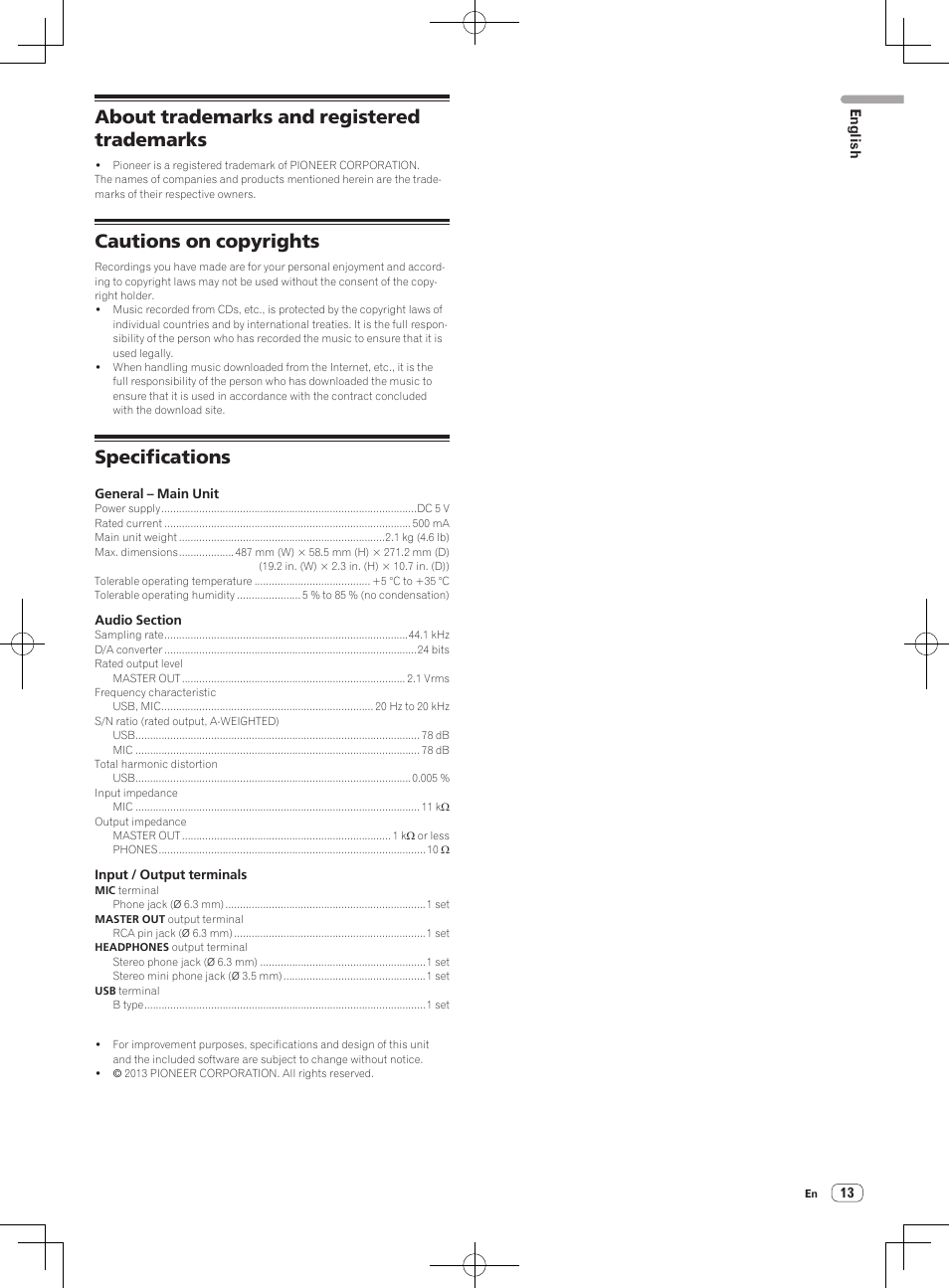 About trademarks and registered trademarks, Cautions on copyrights, Specifications | Pioneer DDJ-SB User Manual | Page 13 / 68