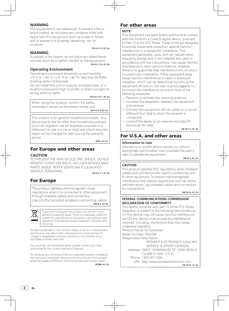 Dj controller, Read before use (important)/quick start guide, For other areas | For europe and other areas for europe, For u.s.a. and other areas, Warning, Operating environment, Caution | Pioneer DDJ-SB User Manual | Page 2 / 68