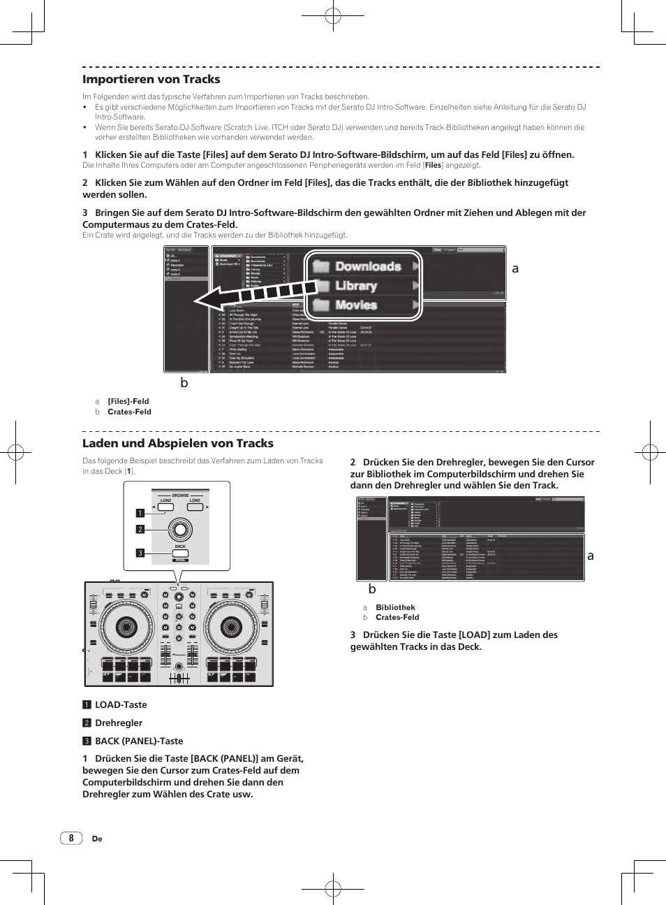 Importieren von tracks, Laden und abspielen von tracks | Pioneer DDJ-SB User Manual | Page 36 / 68