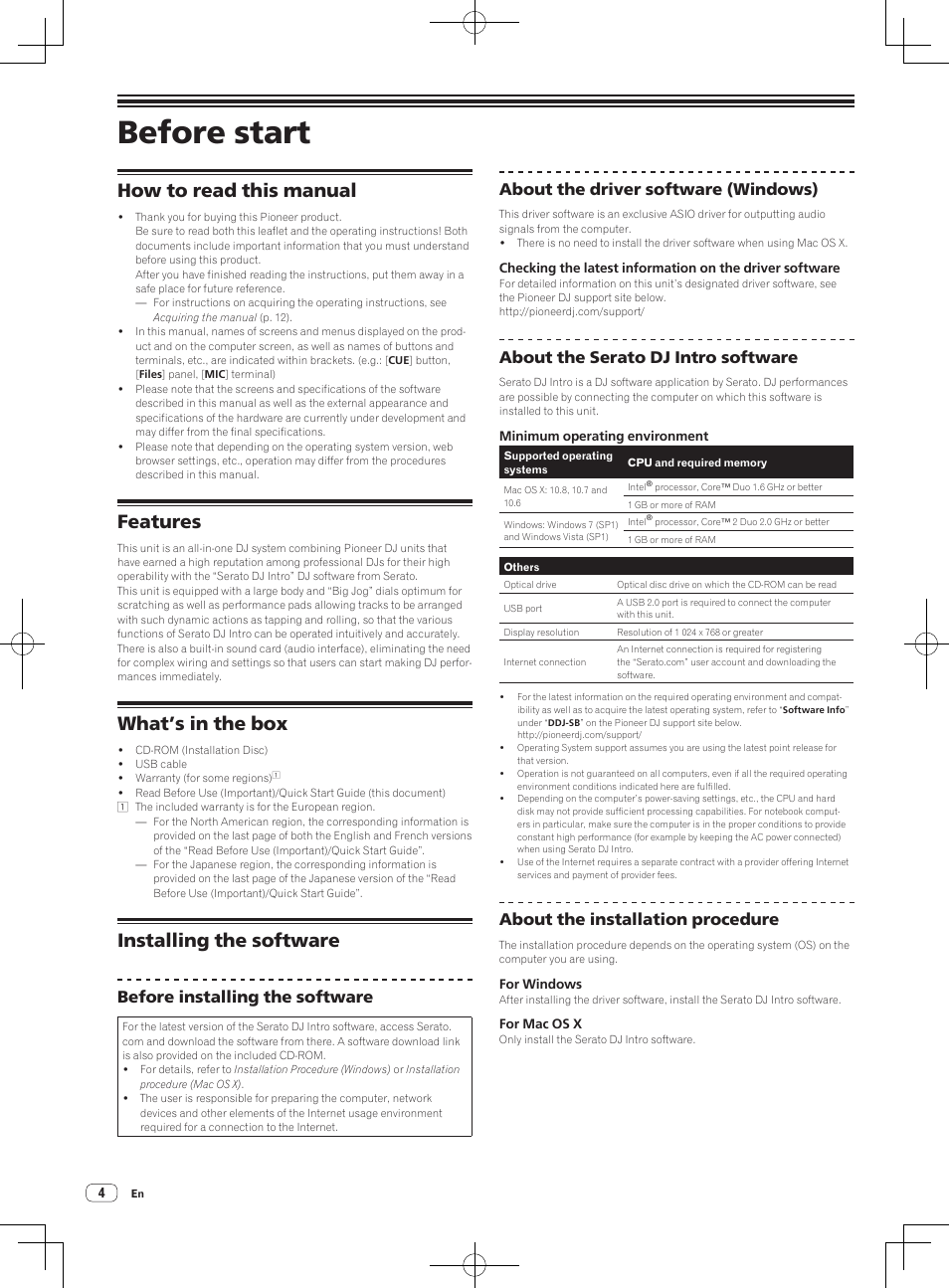 Before start, How to read this manual, Features | What’s in the box, Installing the software, Before installing the software, About the driver software (windows), About the serato dj intro software, About the installation procedure | Pioneer DDJ-SB User Manual | Page 4 / 68