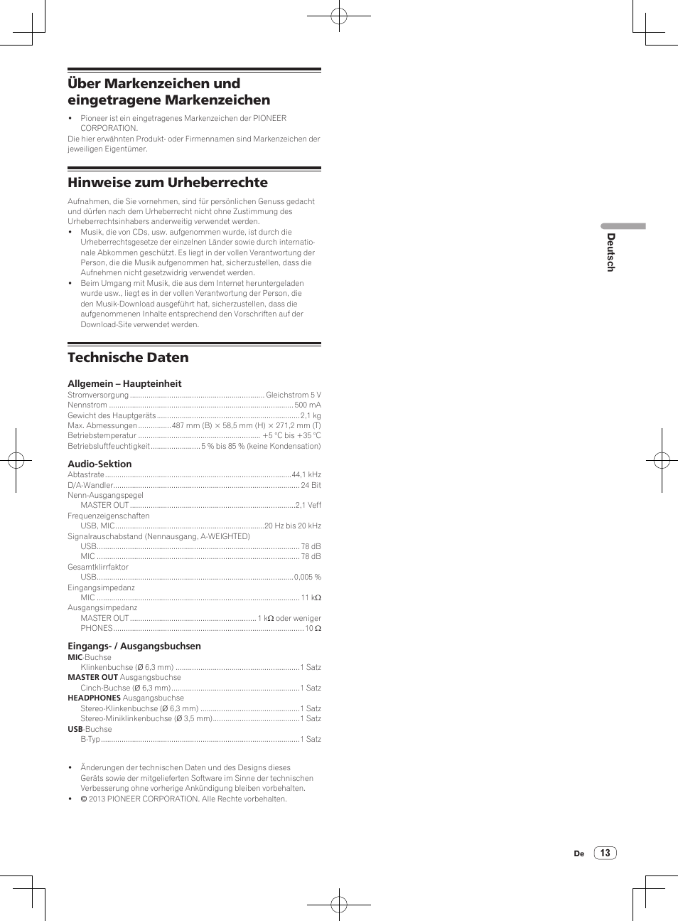 Über markenzeichen und eingetragene markenzeichen, Hinweise zum urheberrechte, Technische daten | Pioneer DDJ-SB User Manual | Page 41 / 68