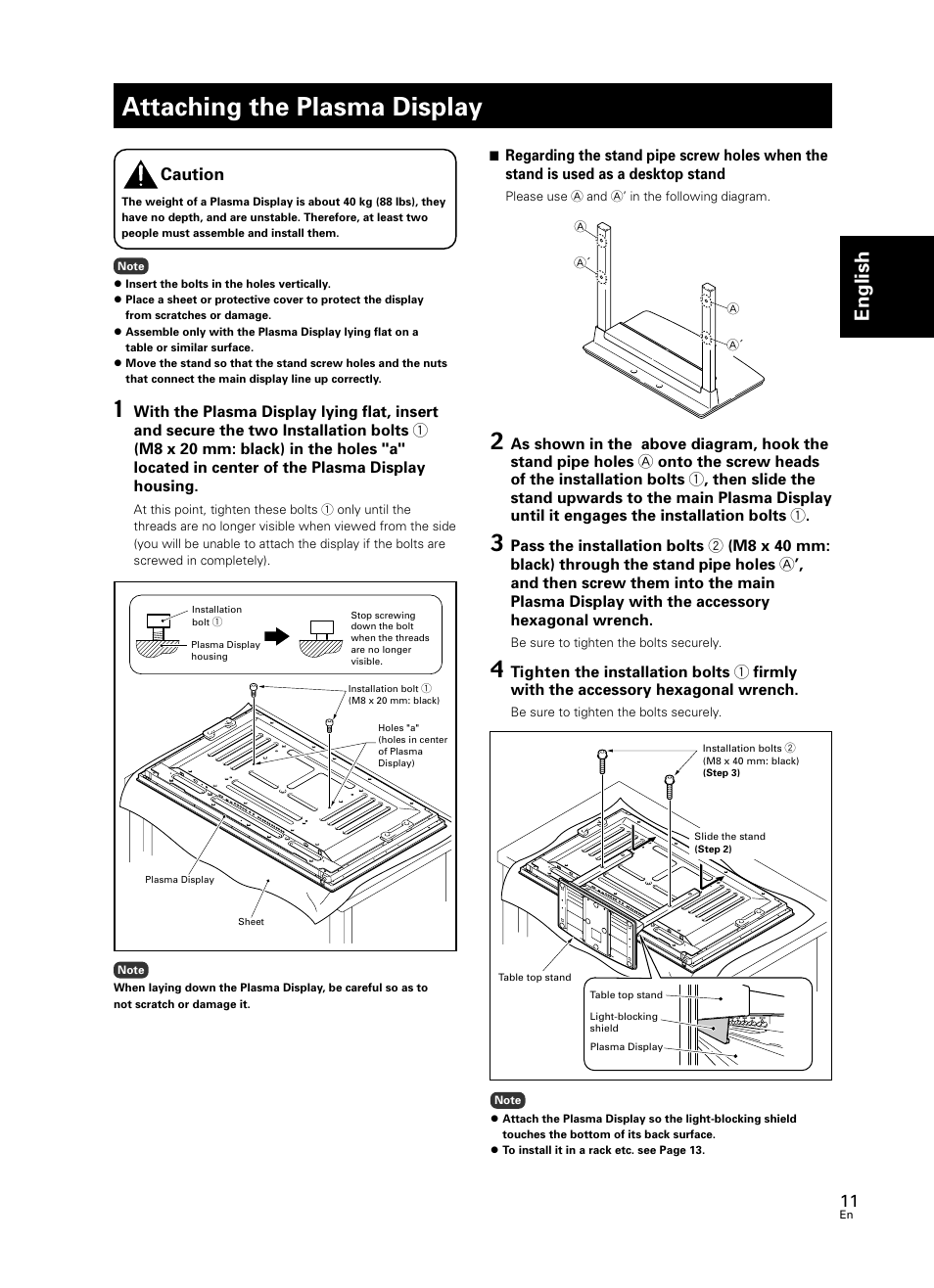 Attaching the plasma display, English, Caution | Pioneer PDK-TS23 User Manual | Page 11 / 50
