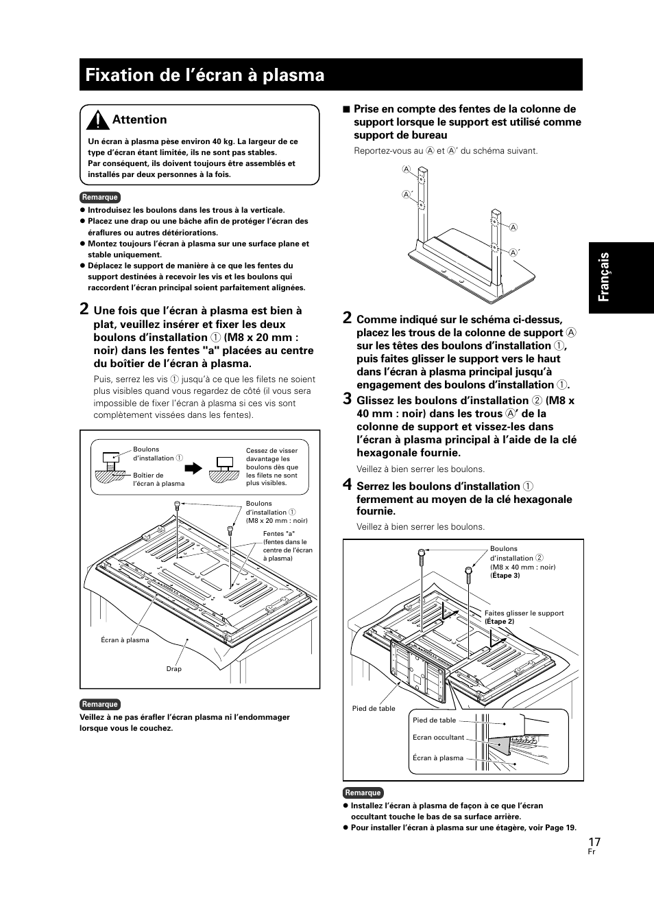 Fixation de l’écran à plasma, Fran çais, Attention | Pioneer PDK-TS23 User Manual | Page 17 / 50