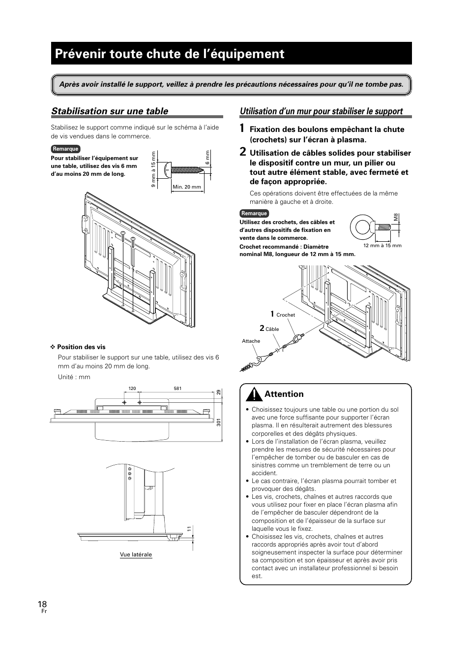 Prévenir toute chute de l’équipement, Utilisation d’un mur pour stabiliser le support, Stabilisation sur une table | Attention | Pioneer PDK-TS23 User Manual | Page 18 / 50