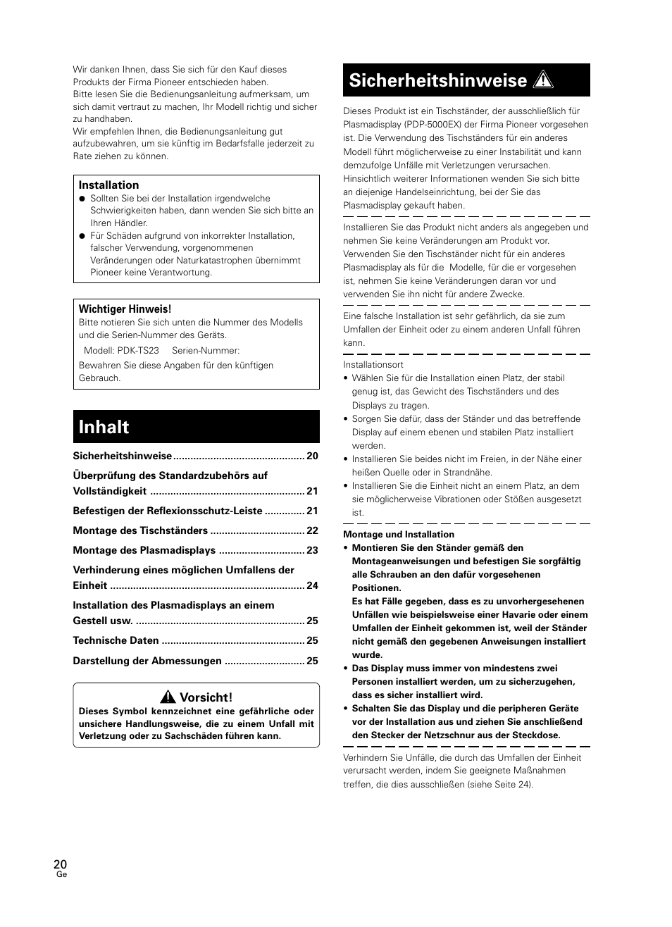 Bedienungsanleitung, Inhalt, Sicherheitshinweise | Pioneer PDK-TS23 User Manual | Page 20 / 50