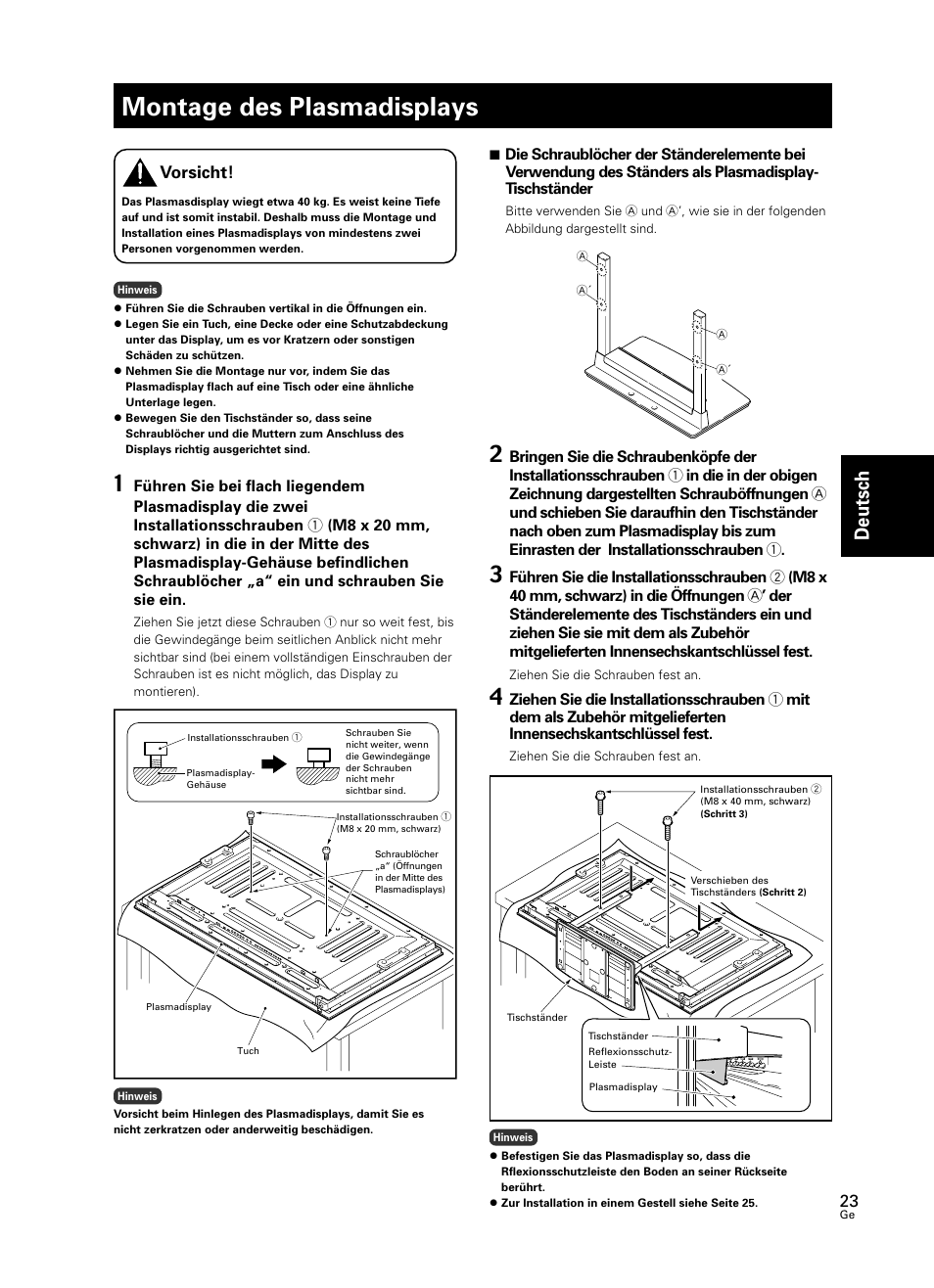 Montage des plasmadisplays, Deutsch, Vorsicht | Pioneer PDK-TS23 User Manual | Page 23 / 50