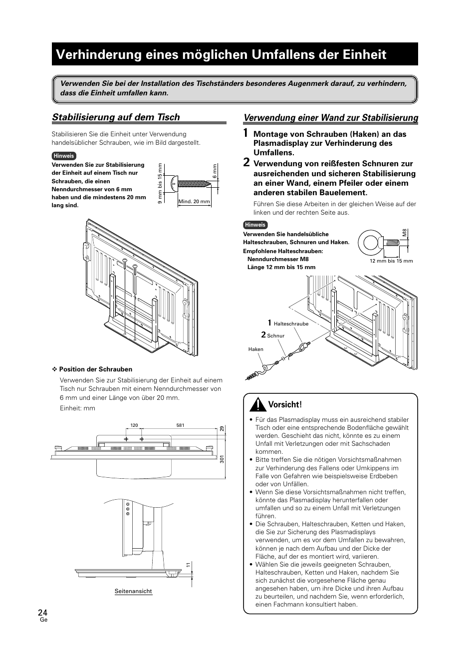 Verhinderung eines möglichen umfallens der, Einheit, Verhinderung eines möglichen umfallens der einheit | Verwendung einer wand zur stabilisierung, Stabilisierung auf dem tisch, Vorsicht | Pioneer PDK-TS23 User Manual | Page 24 / 50