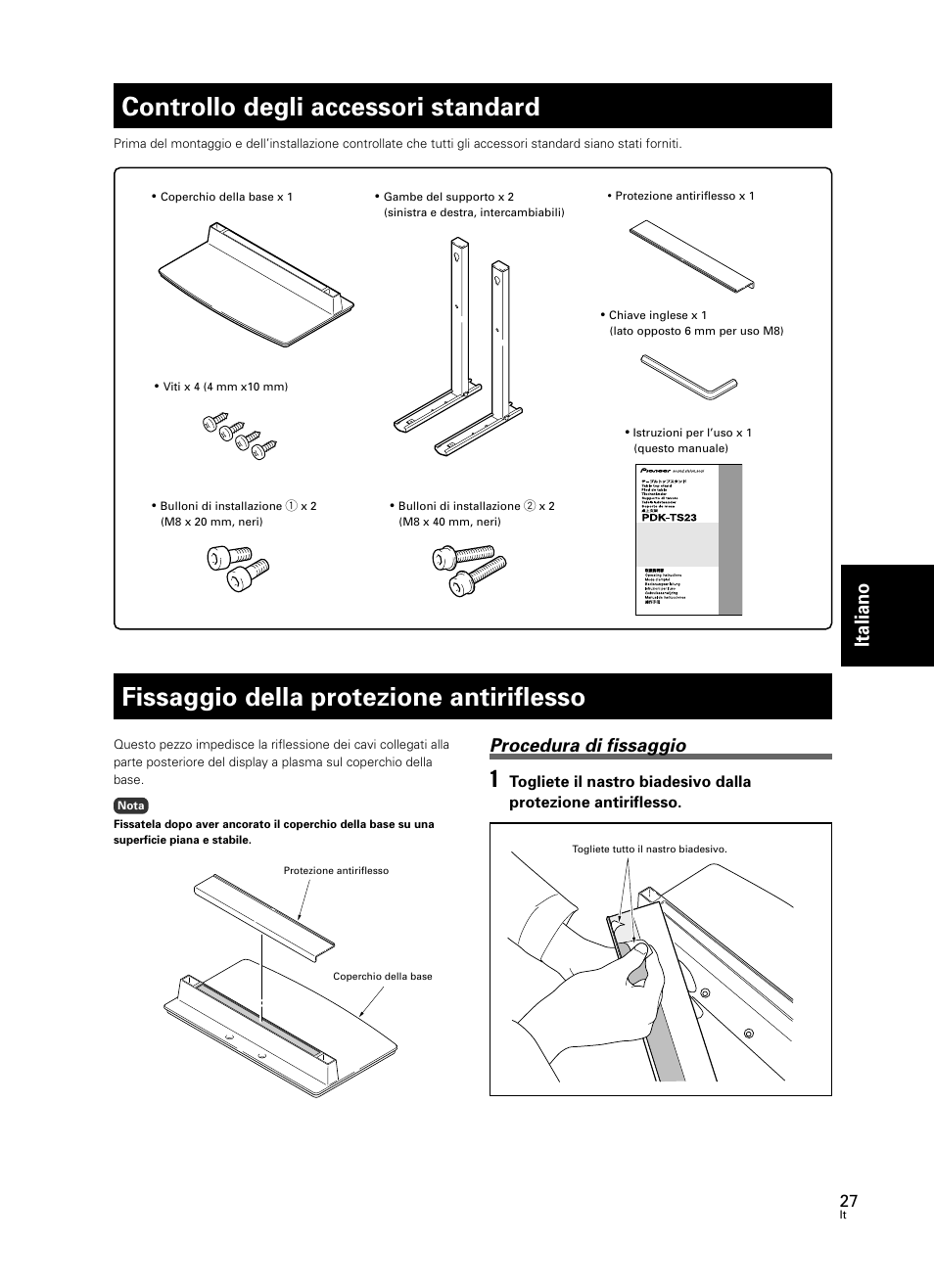 Controllo degli accessori standard, Fissaggio della protezione antiriflesso, Italiano | Procedura di fissaggio | Pioneer PDK-TS23 User Manual | Page 27 / 50