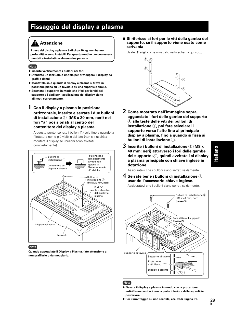 Fissaggio del display a plasma, Italiano, Attenzione | Pioneer PDK-TS23 User Manual | Page 29 / 50