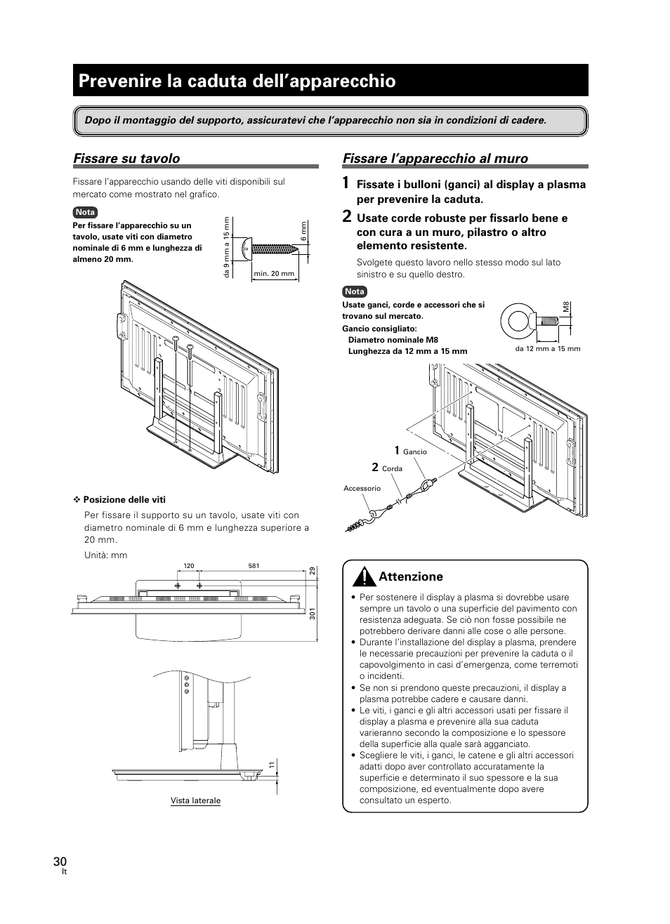 Prevenire la caduta dell’apparecchio, Fissare su tavolo, Fissare l’apparecchio al muro | Attenzione | Pioneer PDK-TS23 User Manual | Page 30 / 50