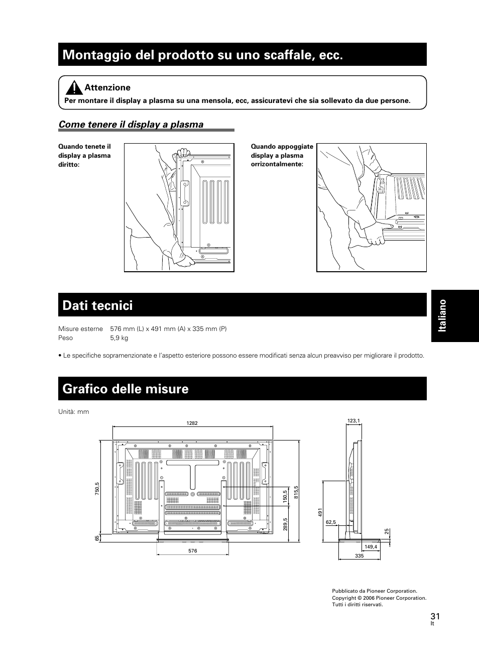 Montaggio del prodotto su uno scaffale, ecc, Dati tecnici, Grafico delle misure | Italiano, Come tenere il display a plasma, Attenzione | Pioneer PDK-TS23 User Manual | Page 31 / 50