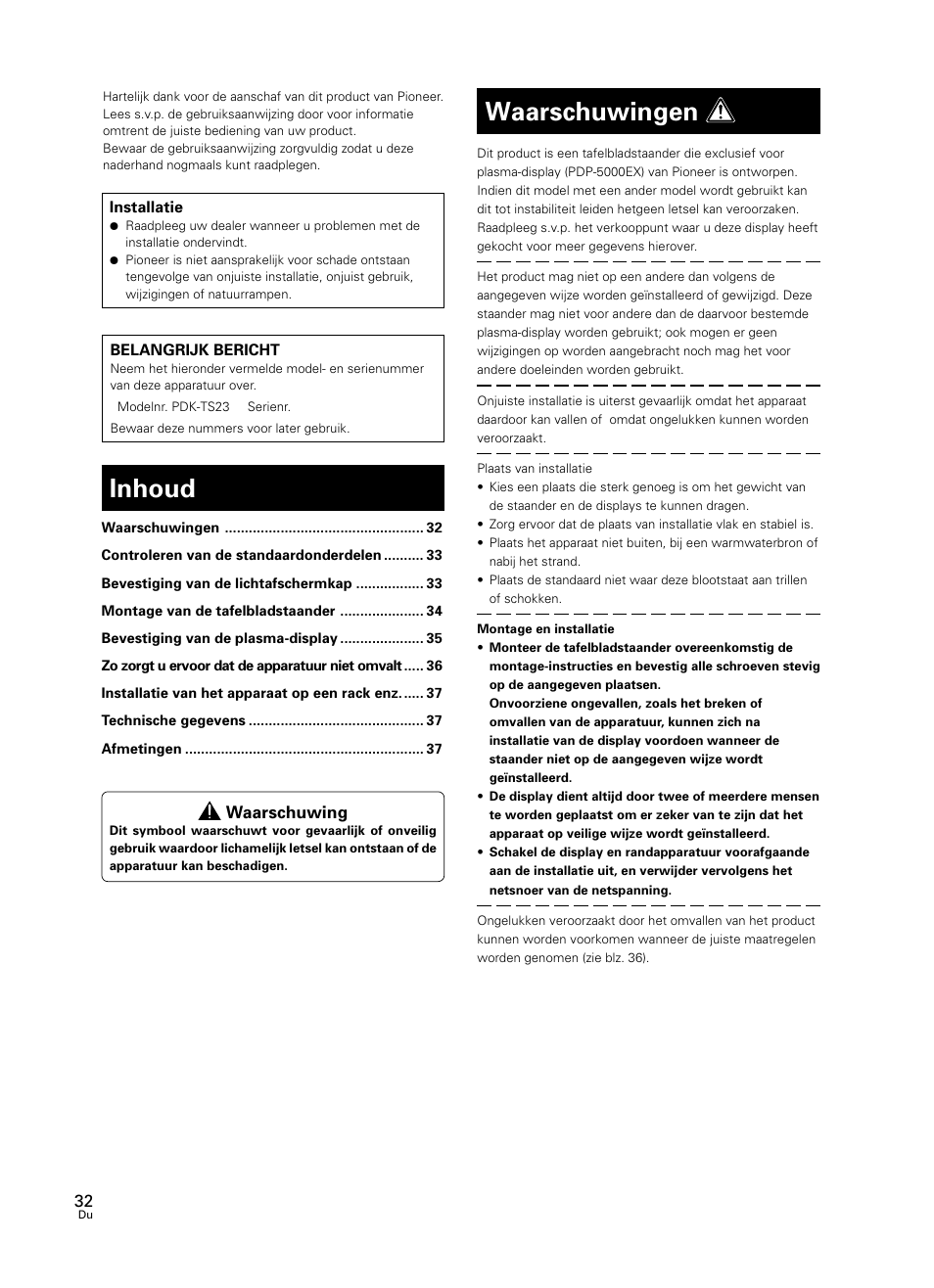 Gebruiksaanwijzing, Inhoud, Waarschuwingen | Pioneer PDK-TS23 User Manual | Page 32 / 50