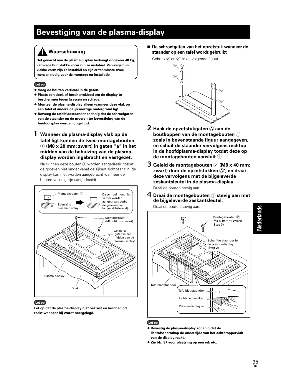 Bevestiging van de plasma-display, Nederlands, Waarschuwing | Pioneer PDK-TS23 User Manual | Page 35 / 50
