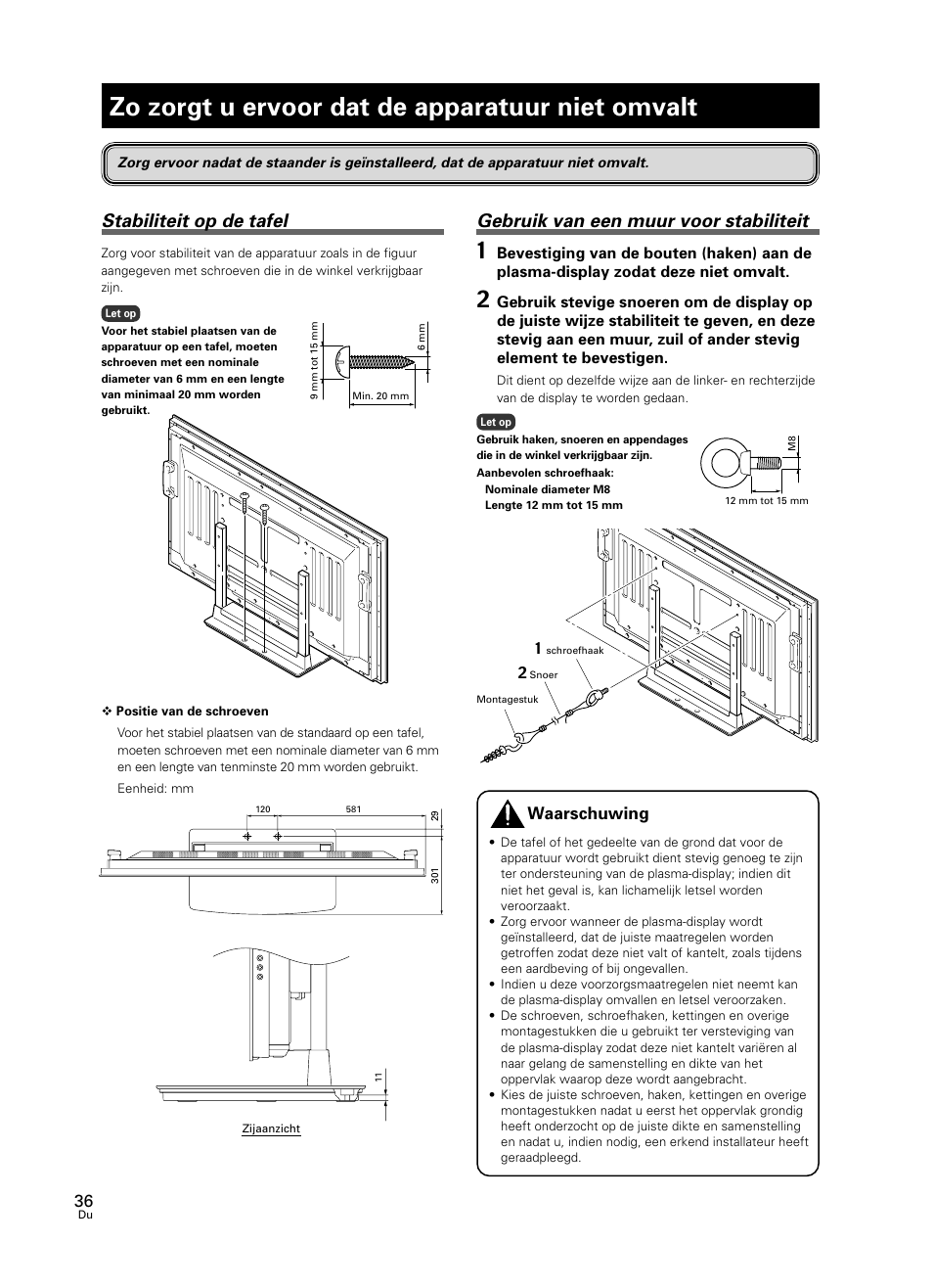 Zo zorgt u ervoor dat de apparatuur niet omvalt, Stabiliteit op de tafel, Gebruik van een muur voor stabiliteit | Waarschuwing | Pioneer PDK-TS23 User Manual | Page 36 / 50