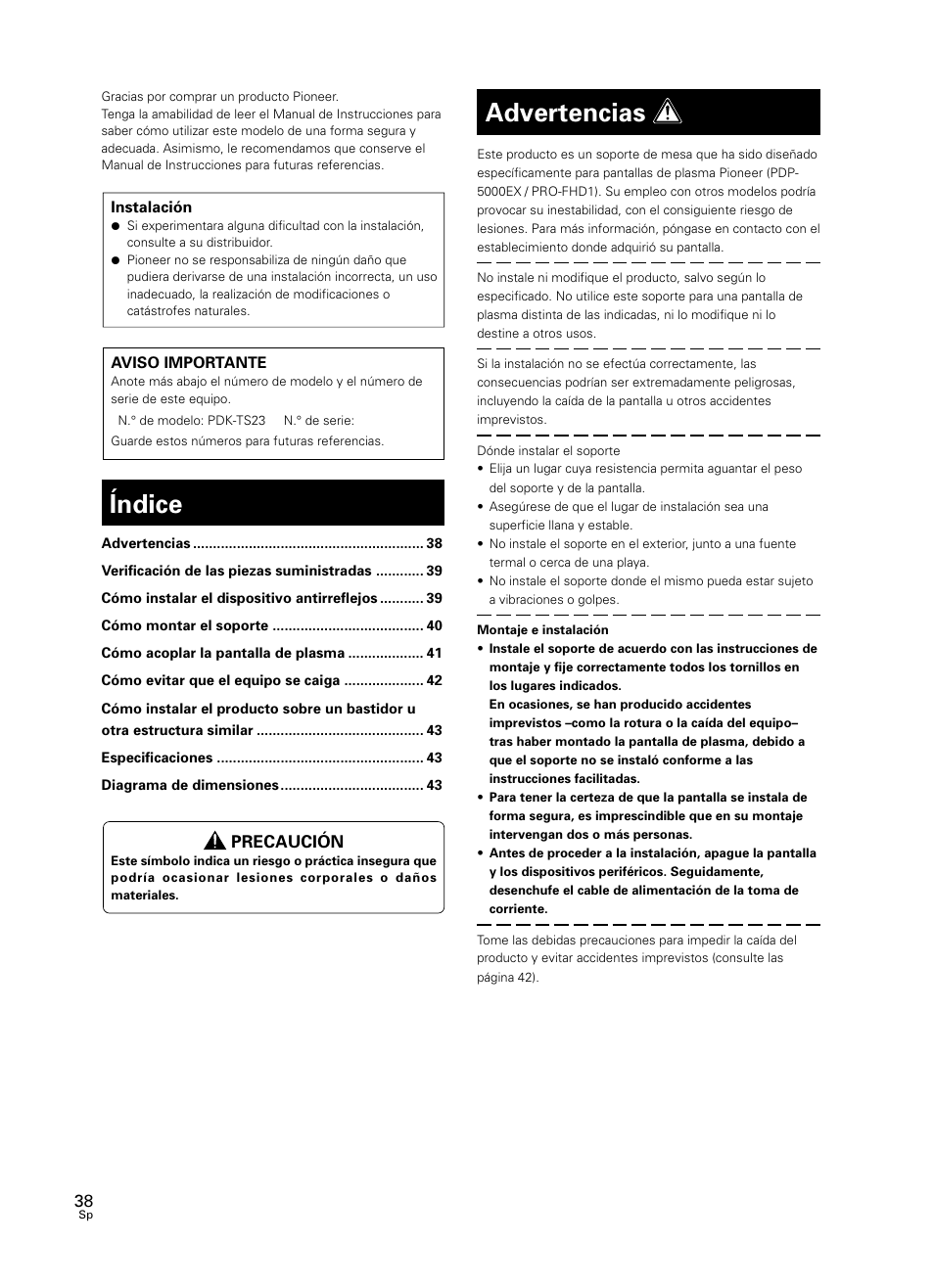 Manual de instrucciones, Índice, Advertencias | Pioneer PDK-TS23 User Manual | Page 38 / 50