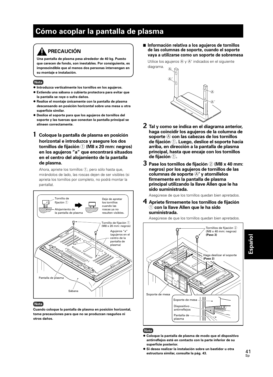 Cómo acoplar la pantalla de plasma, Espa ñ ol, Precaución | Pioneer PDK-TS23 User Manual | Page 41 / 50