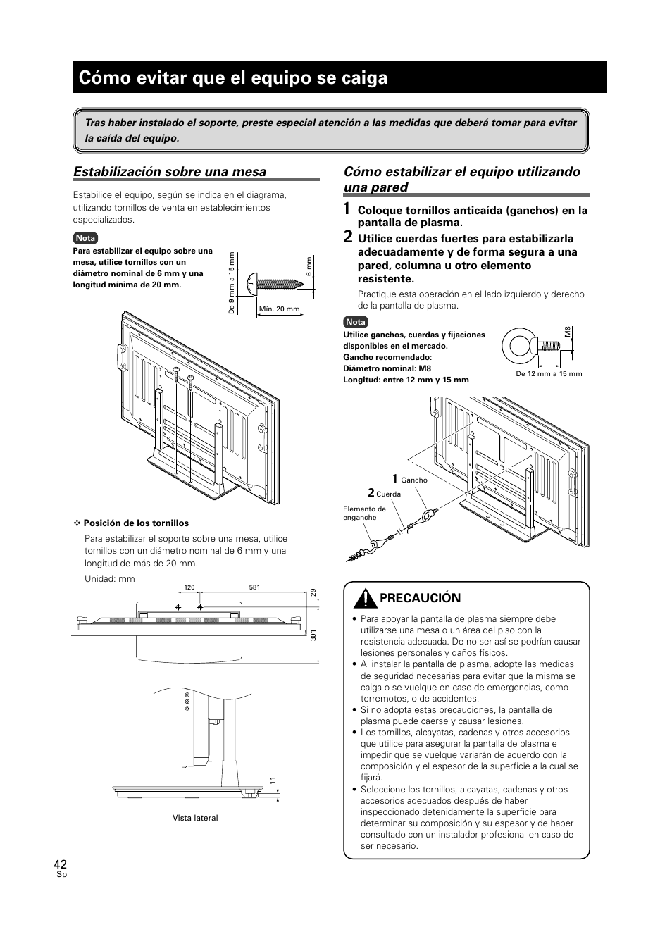 Cómo evitar que el equipo se caiga, Estabilización sobre una mesa, Cómo estabilizar el equipo utilizando una pared | Precaución | Pioneer PDK-TS23 User Manual | Page 42 / 50