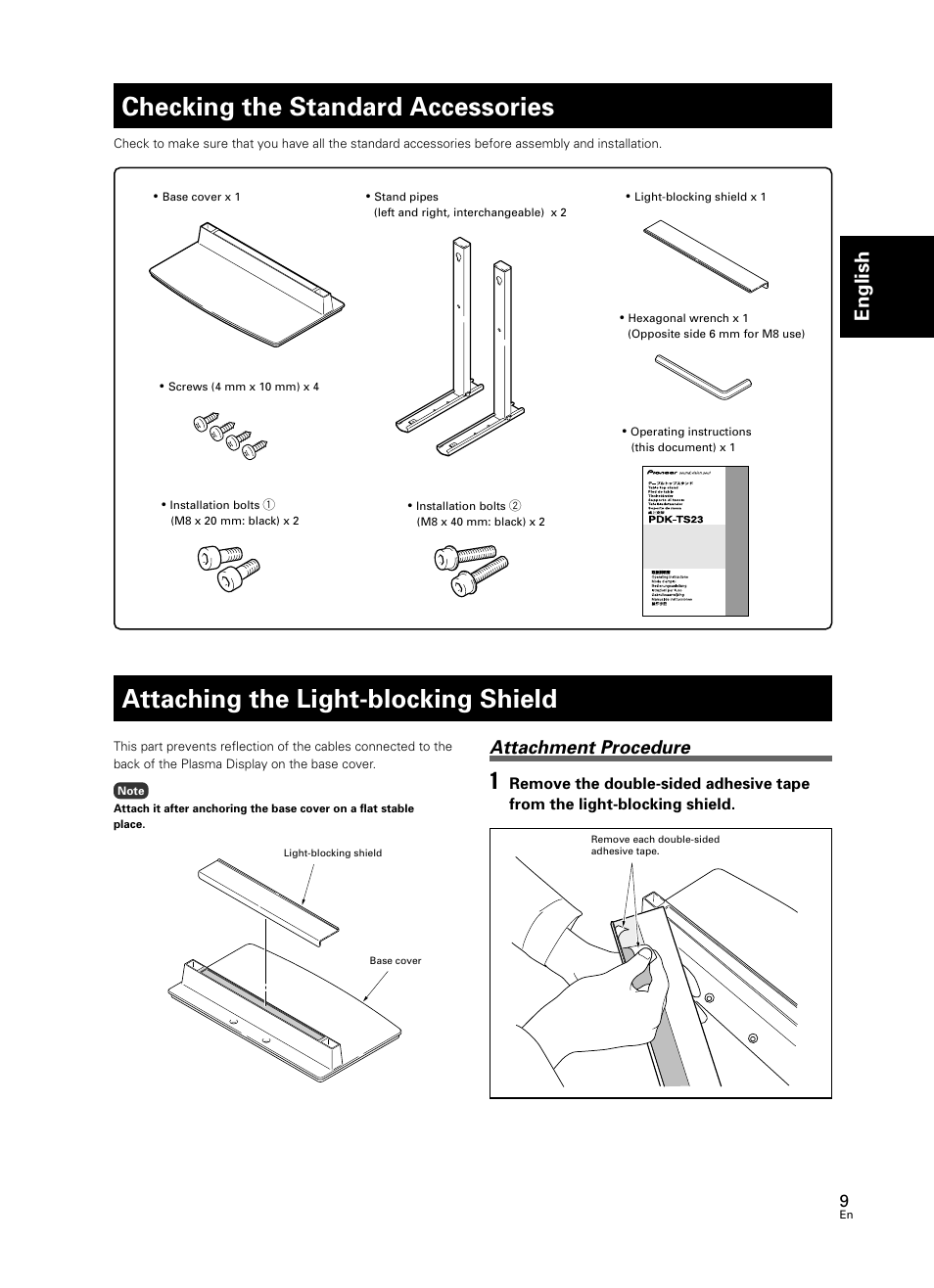 Checking the standard accessories, Attaching the light-blocking shield, English | Attachment procedure | Pioneer PDK-TS23 User Manual | Page 9 / 50