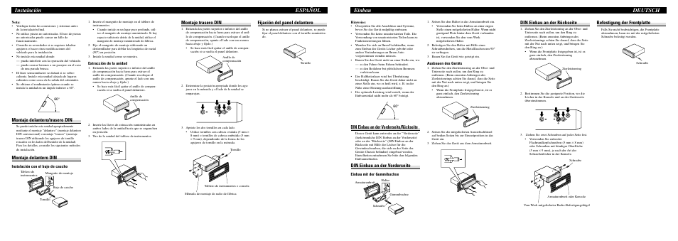 Einbau deutsch, Instalación español, Din einbau an der rückseite | Befestigung der frontplatte, Din einbau an der vorderseite/rückseite, Din einbau an der vorderseite, Montaje trasero din, Fijación del panel delantero, Montaje delantero/trasero din, Montaje delantero din | Pioneer DEH-P40MP User Manual | Page 2 / 8