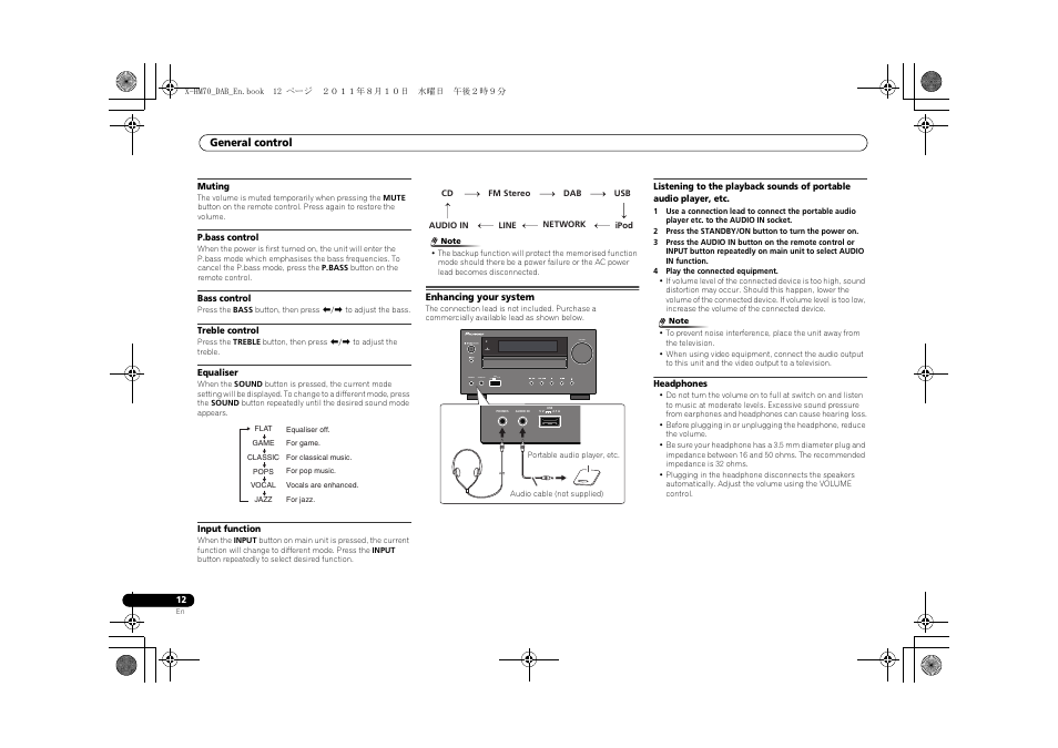 Enhancing your system, Timer volume phones audio in usb 5 v 2.1 a | Pioneer X-HM70DAB-K User Manual | Page 12 / 40