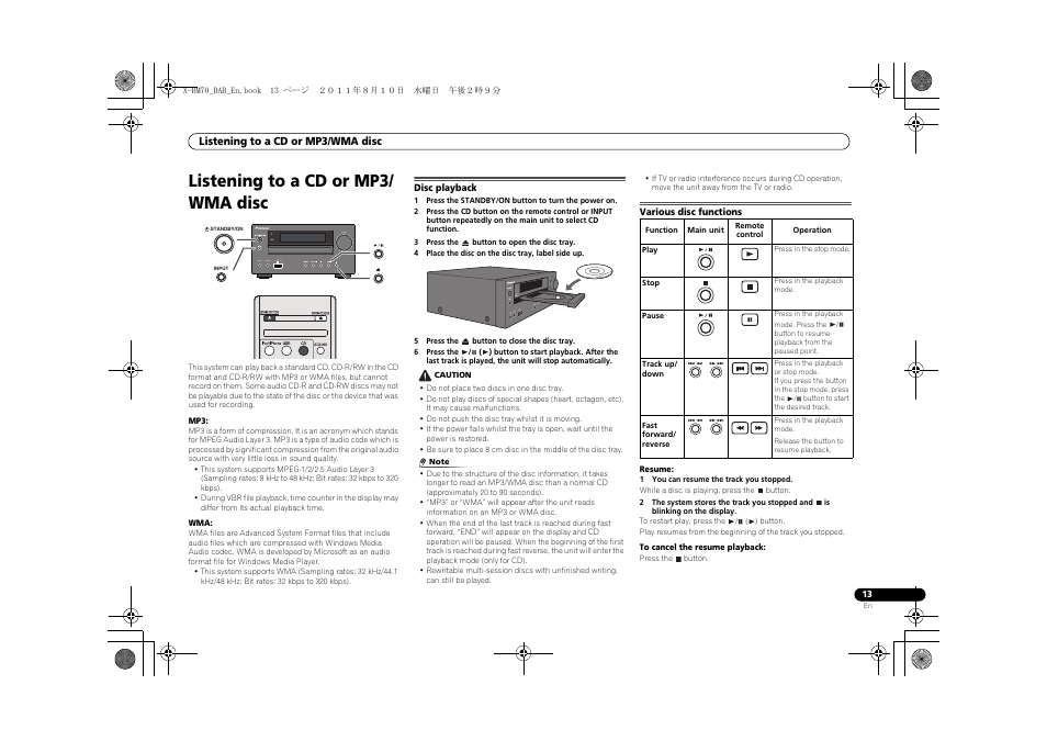 Listening to a cd or mp3/wma disc, Disc playback various disc functions, Listening to a cd or mp3/ wma disc | Timer volume phones audio in usb 5 v 2.1 a, Usb 5v 2.1a phones audio in | Pioneer X-HM70DAB-K User Manual | Page 13 / 40